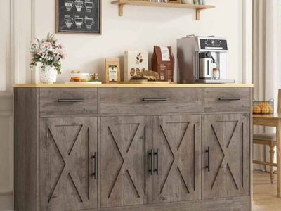 Rustic Farmhouse Buffet Sideboard with Storage Cabinets and Drawers in Grey Wood Finish