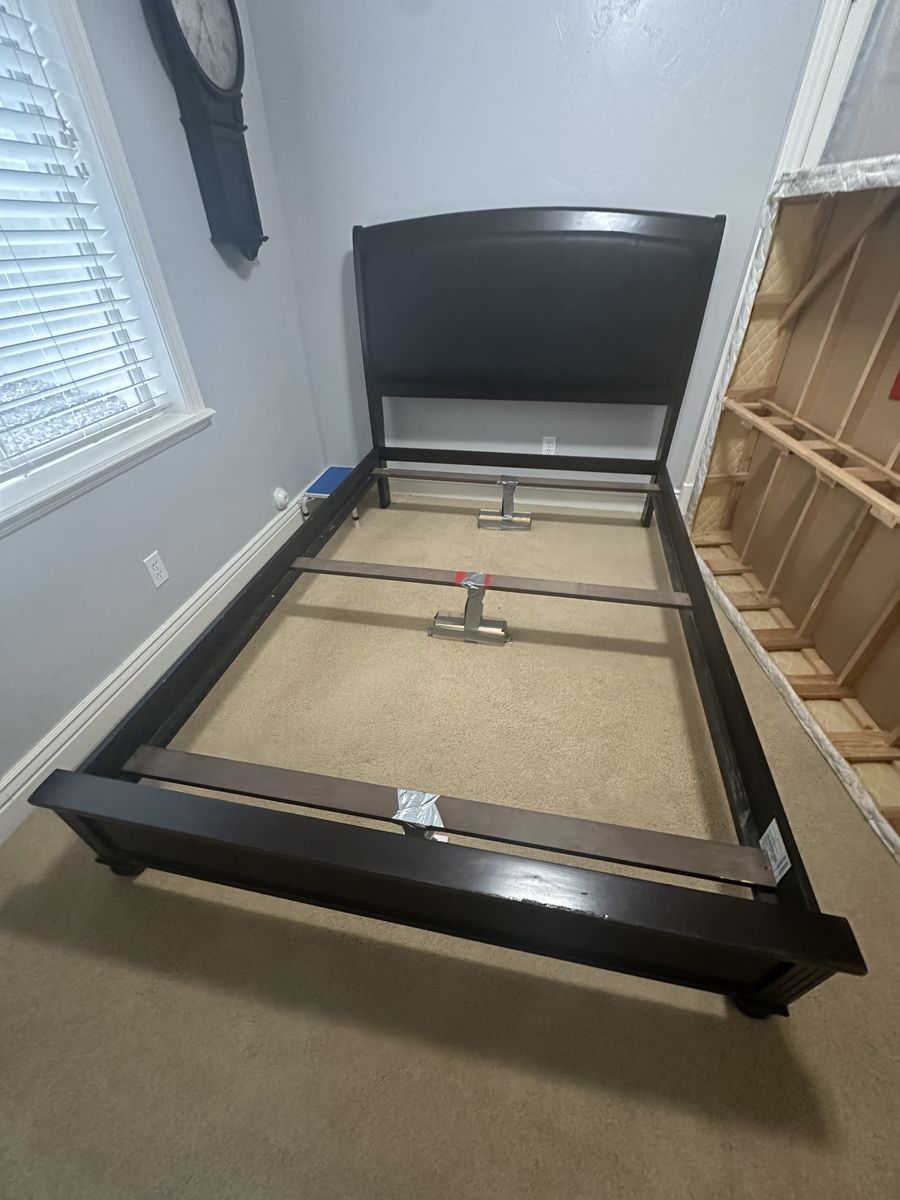 Queen Size Dark Wood Bed Frame with Upholstered Headboard