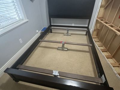 Queen Size Dark Wood Bed Frame with Upholstered Headboard