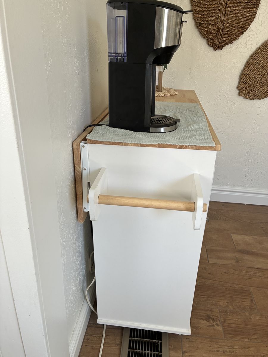 White Farmhouse Kitchen Island Cart with Butcher Block Top and Storage