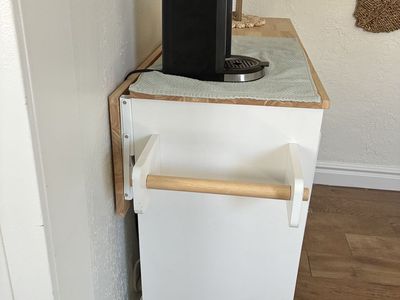 White Farmhouse Kitchen Island Cart with Butcher Block Top and Storage