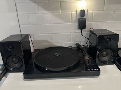 Victrola Black Bluetooth Turntable Record Player with Two Stereo Speakers