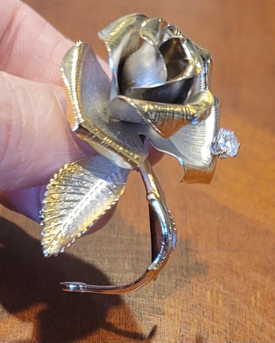 Vintage 1981 Cerrito Silver and Gold Toned Rose Bloom Brooch Pin with Gem