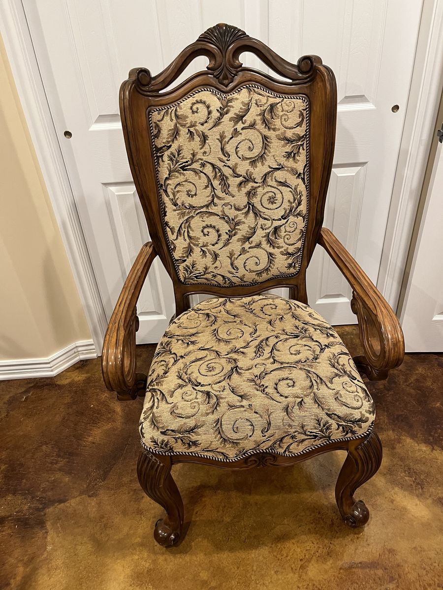 Ornate Carved Wooden Armchair – Jacquard / Tapestry Fabric