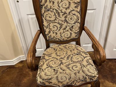 Ornate Carved Wooden Armchair – Jacquard / Tapestry Fabric
