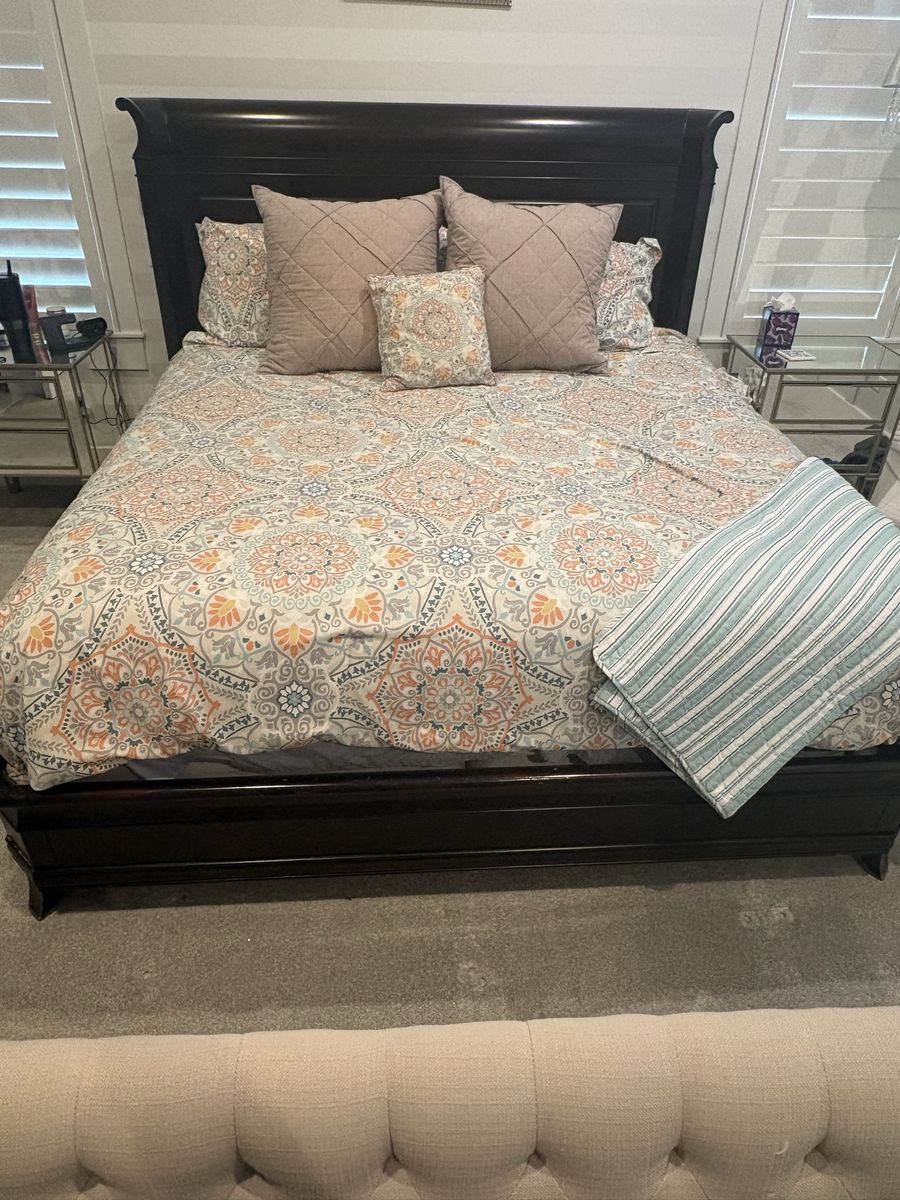 Dark Wood King Bedroom Set - Sleigh Bed, Tall Dresser and Nightstand