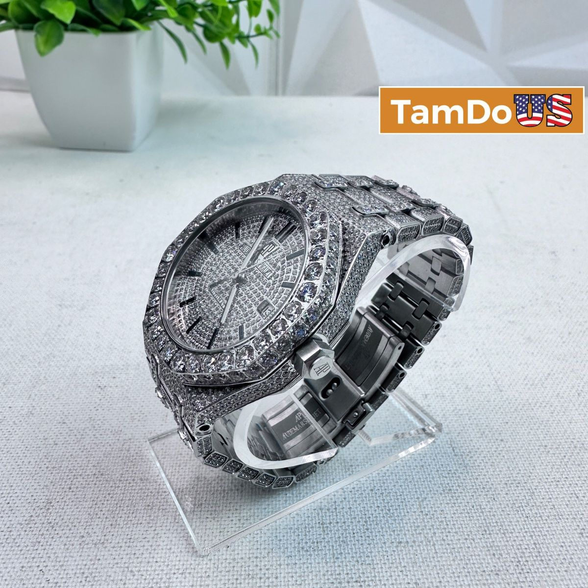 Men’s Luxury Iced Moissanite Watch Silver Tone Full Stone Set Quartz