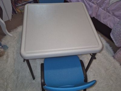 Like-New! Lifetime Children's Fold-in Table and Two Stackable Glacier Blue Chairs Set