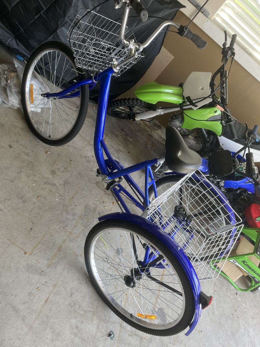 Blue Adult 3-Wheel Tricycle Bicycle with Front and Rear Wire Baskets