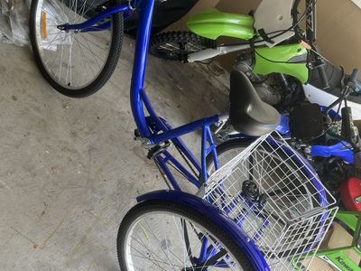 Blue Adult 3-Wheel Tricycle Bicycle with Front and Rear Wire Baskets