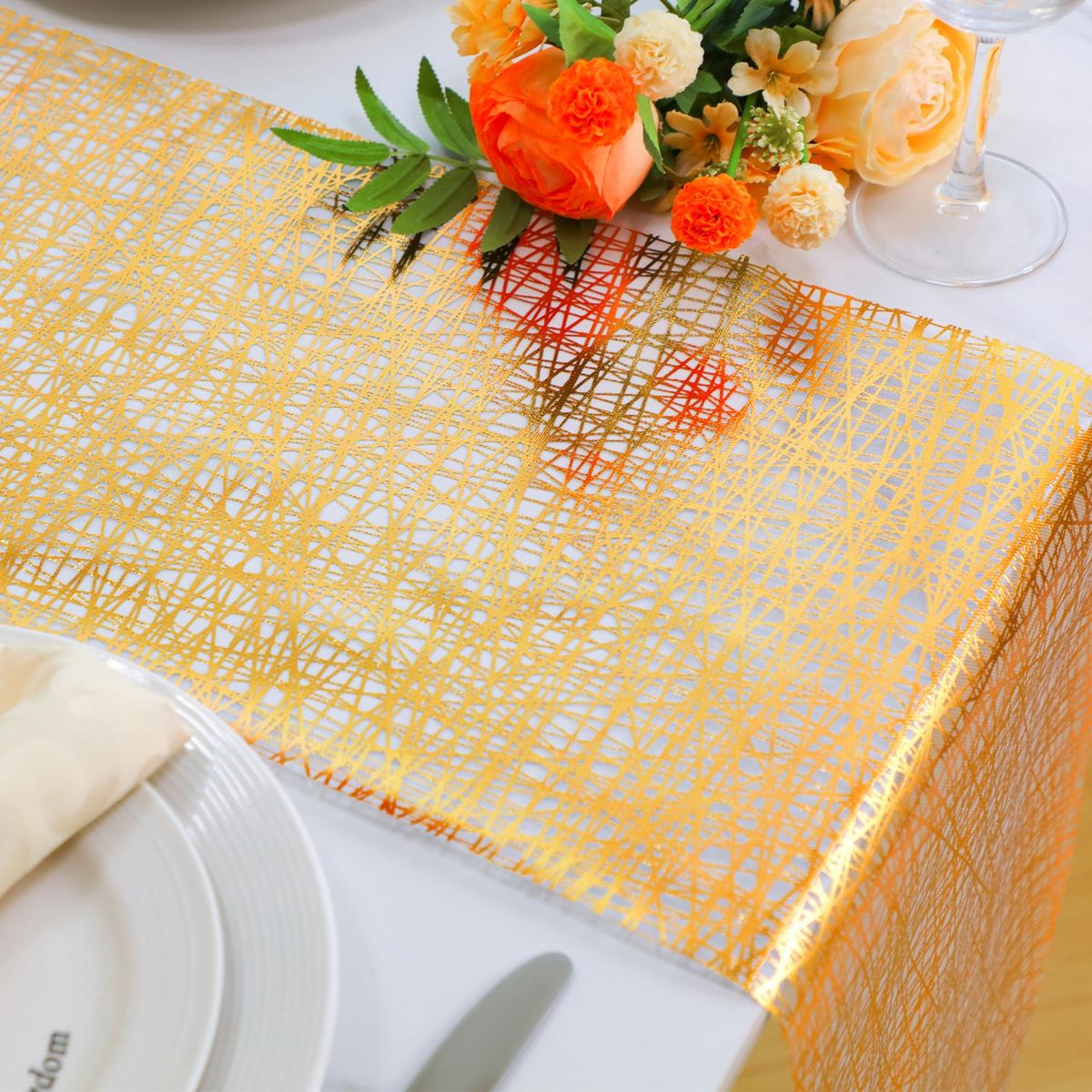 4-pack of Snowkingdom Gold Table Runner 11x 108 Inch Thin Mesh Sparkle Glitter Metallic Golden Lines Runner Gold Table Decoratio