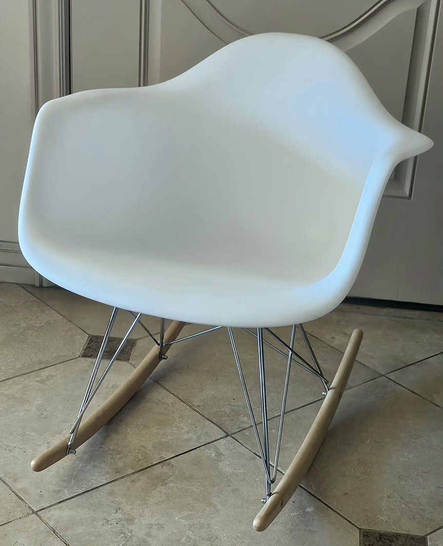 Mid-Century Modern White Plastic Rocking Chair with Chrome Base and Wood Rockers