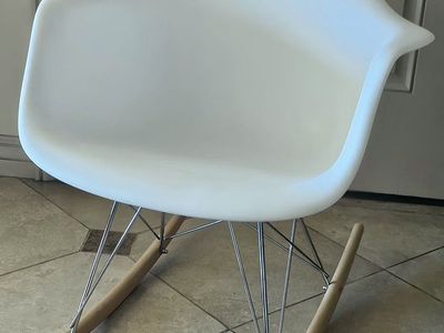 Mid-Century Modern White Plastic Rocking Chair with Chrome Base and Wood Rockers
