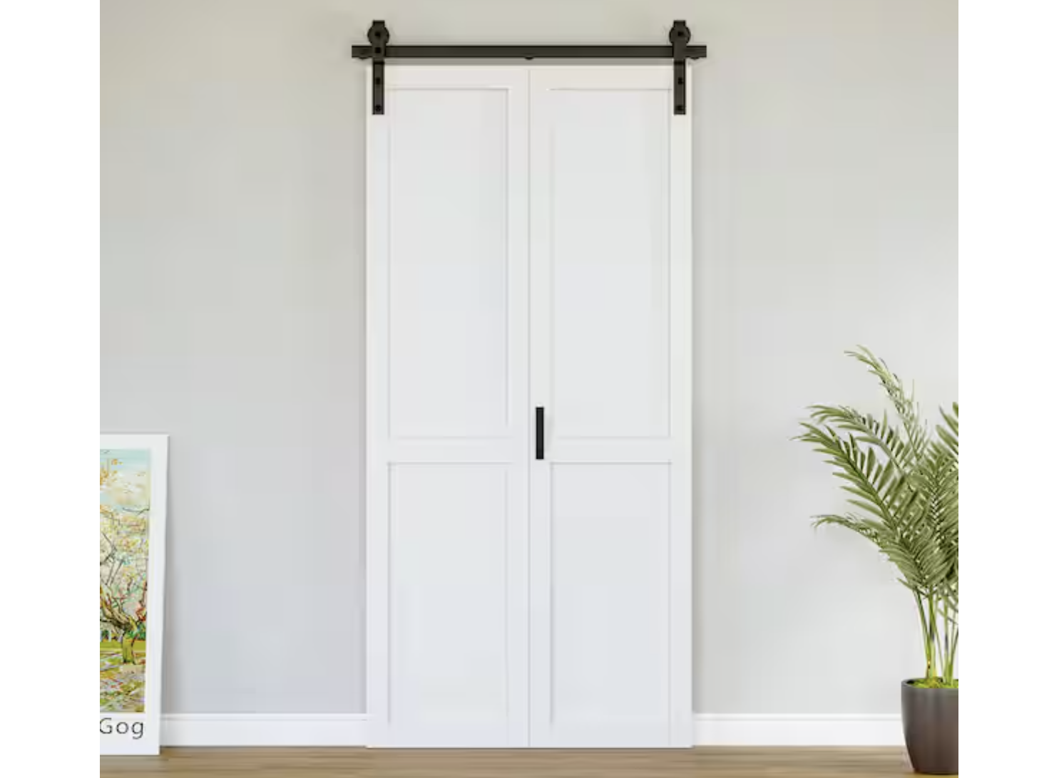 New in Box 40 x 84 Solid Core White MDF Wood Paneled Bi-Fold Door Style Barn Door with Hardware