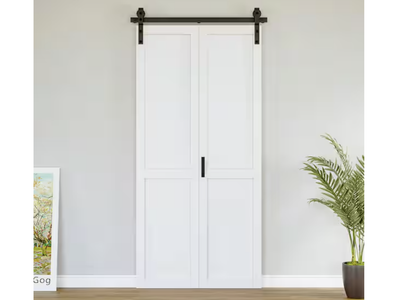 New in Box 40 x 84 Solid Core White MDF Wood Paneled Bi-Fold Door Style Barn Door with Hardware