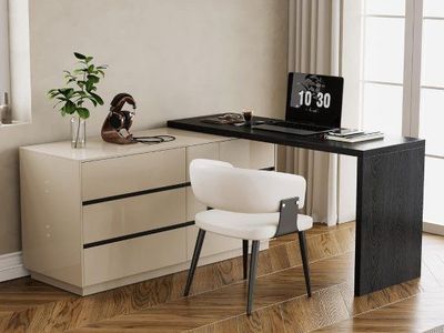 Expandable L-Shaped Desk with 6 Drawers, Convertible Desk or Vanity