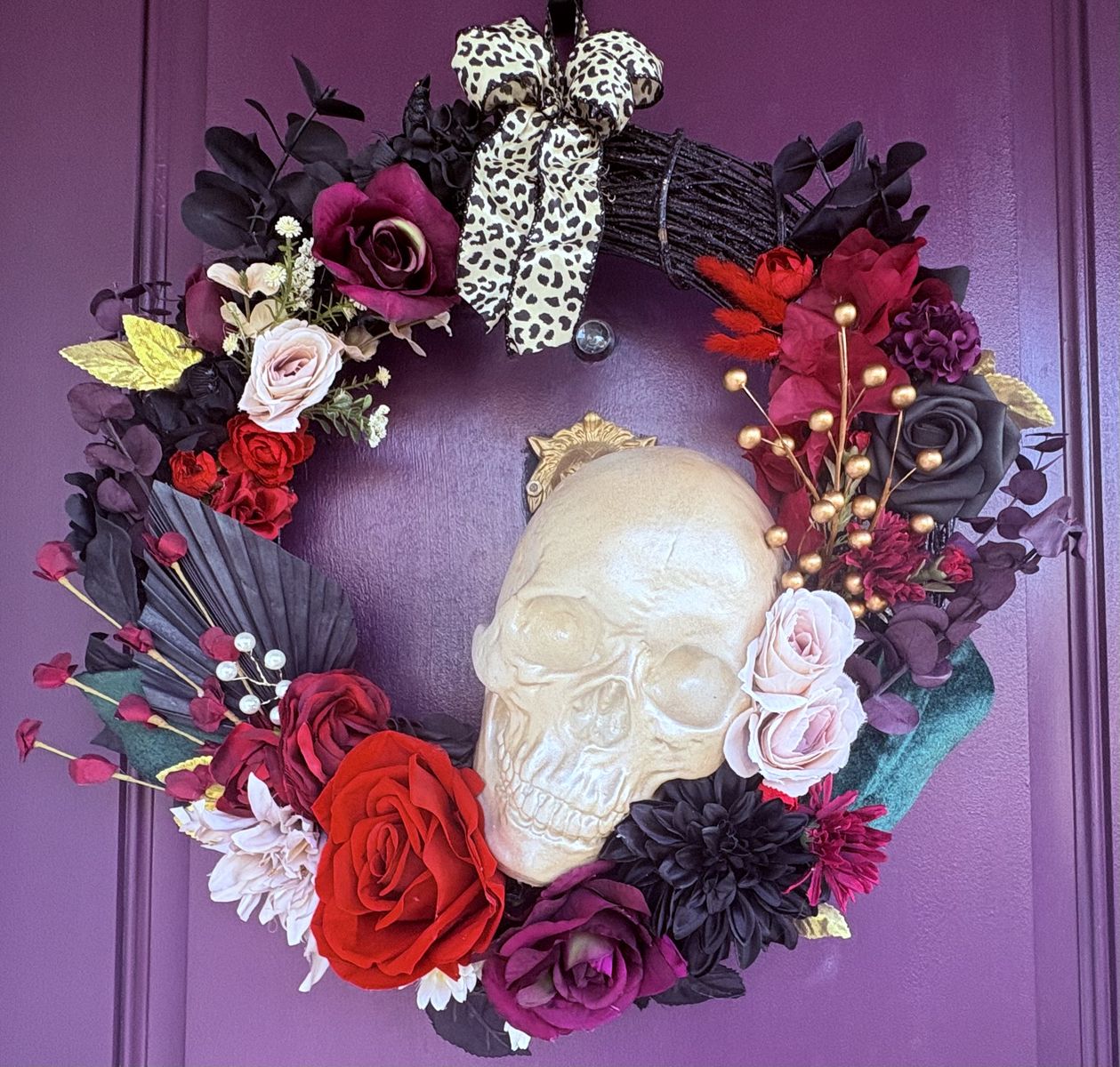 Gothic Halloween Skull Wreath with Red and Black Roses & Leopard Bow