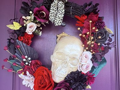 Gothic Halloween Skull Wreath with Red and Black Roses & Leopard Bow