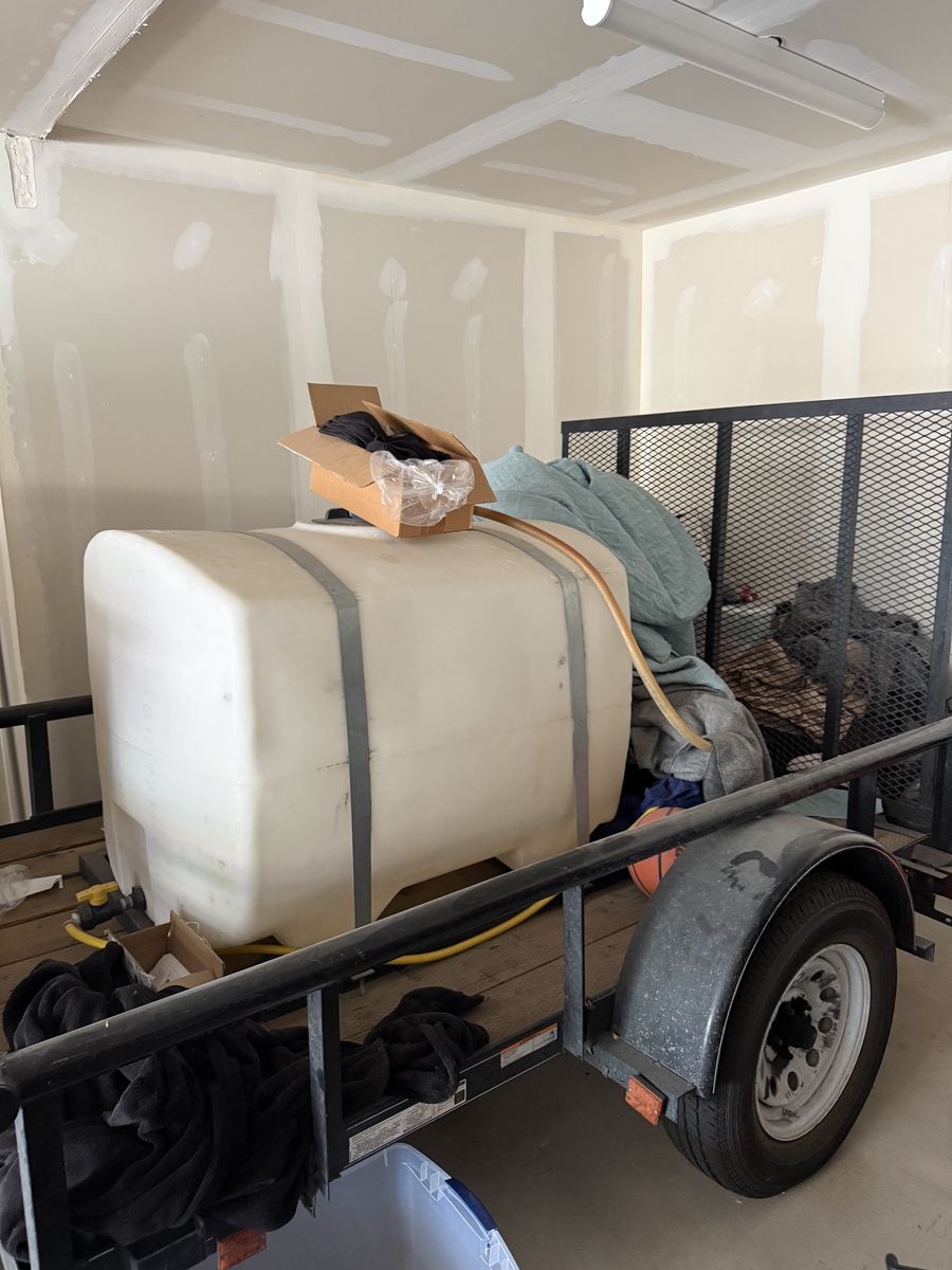 Spray tank, pump, real, hose trailer.
