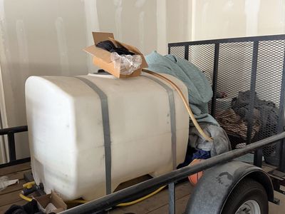 Spray tank, pump, real, hose trailer.