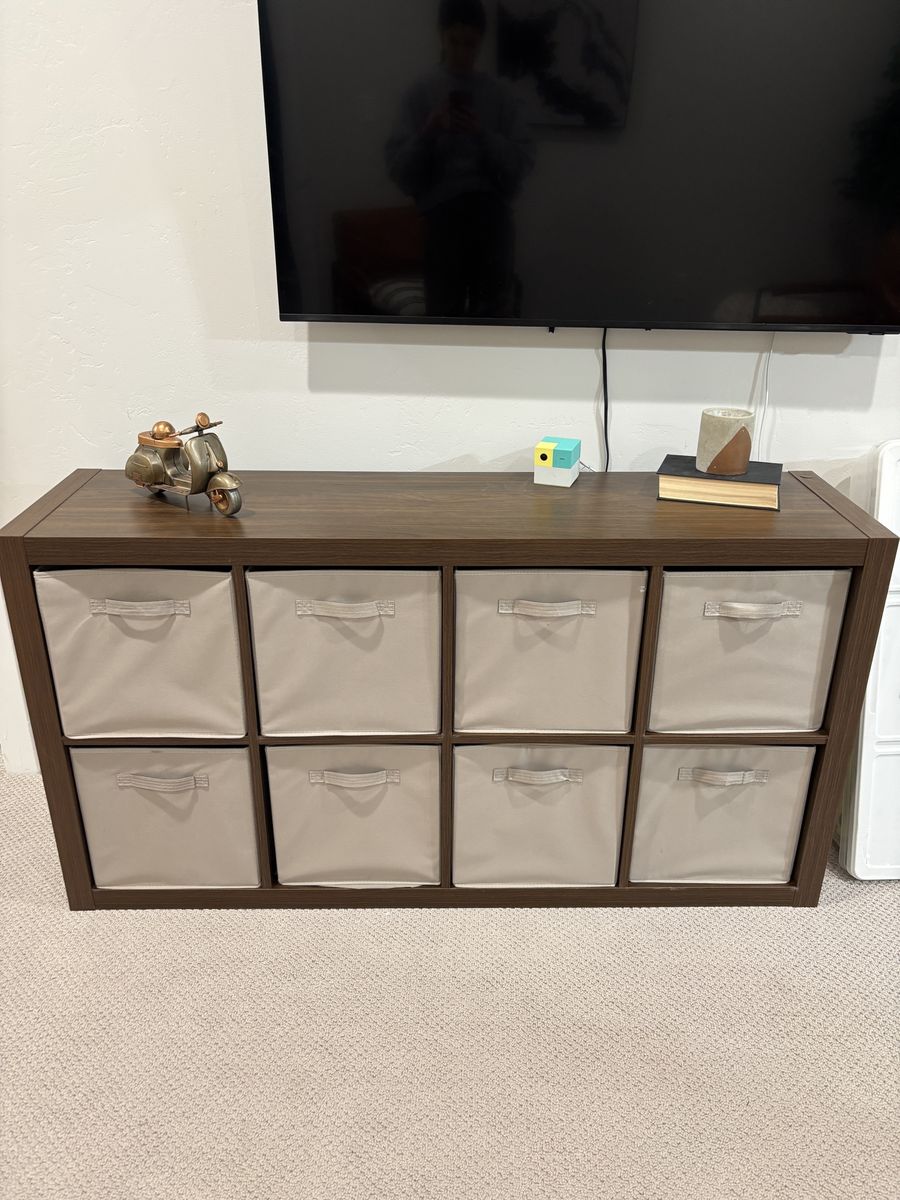 Better Homes & Gardens 8-Cube Storage Organizer with Fabric Bins, Dark Wood Finish