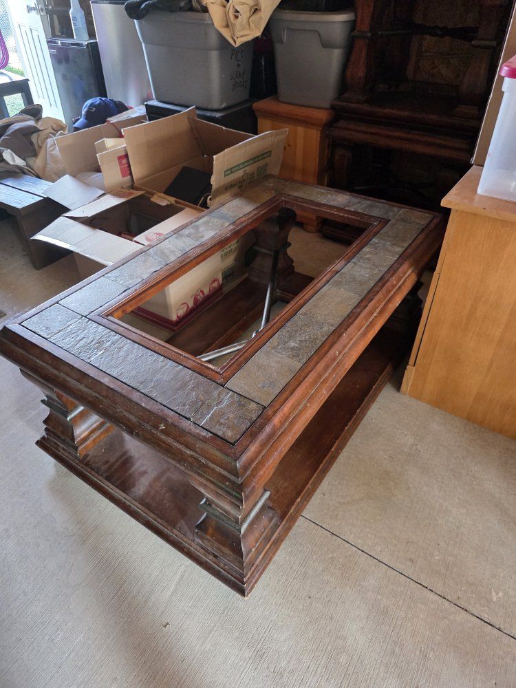 End Table / Coffee Table with Slate Tile Inlay and Wood Finish