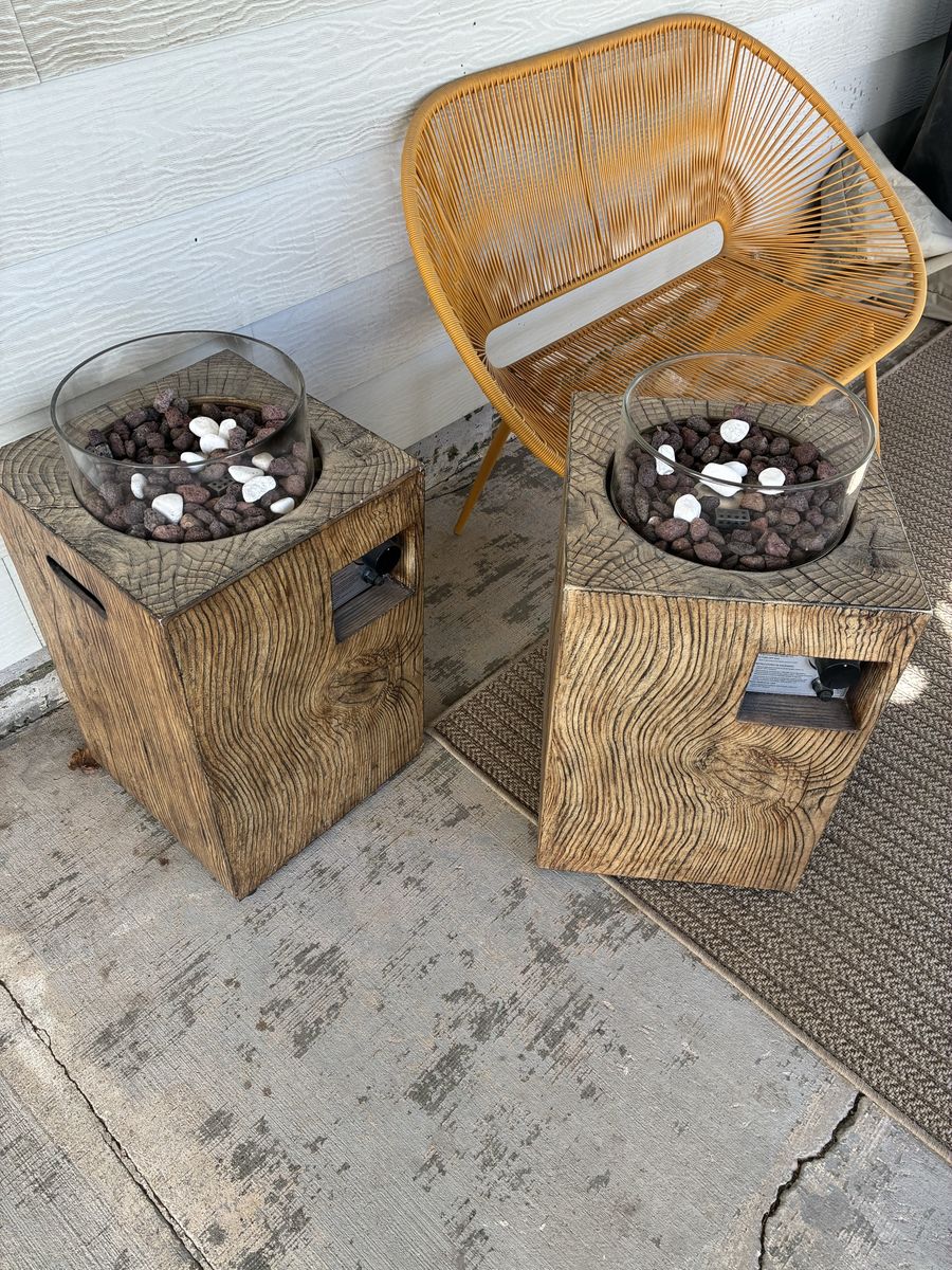 Glass & wood propane fire pit w/ covers.