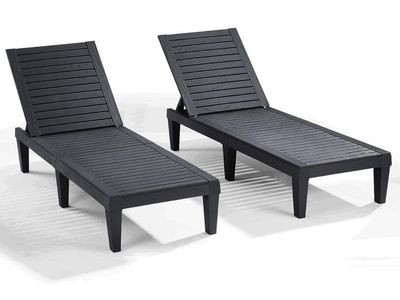 New 2-Piece Adjustable Patio Loungers - Black Resin Wicker Outdoor Chaise Lounge Chairs