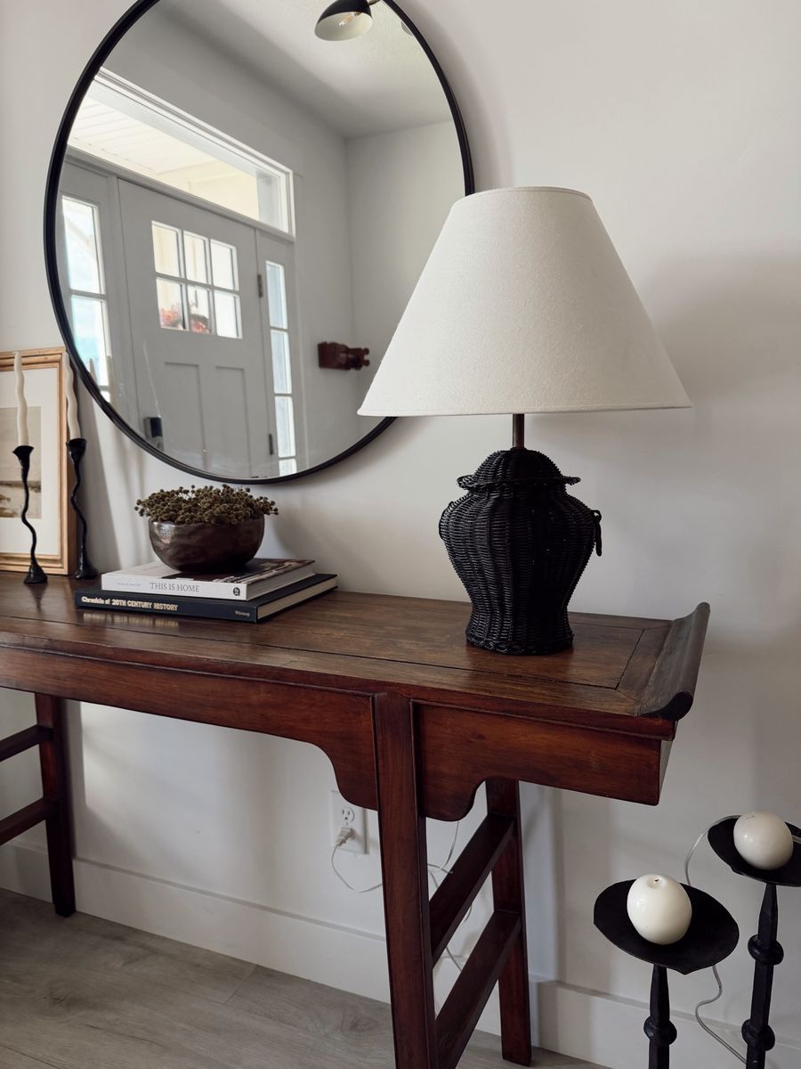 Black Wicker Table Lamp with Fabric Shade