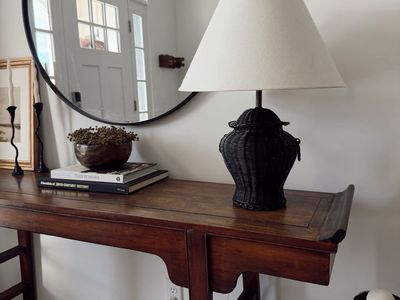 Black Wicker Table Lamp with Fabric Shade