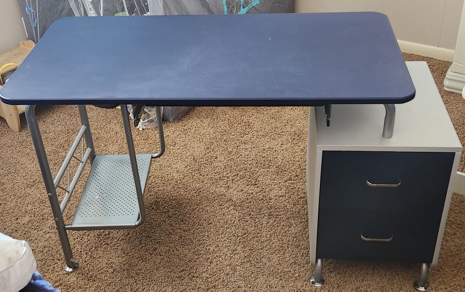 Metal Wood Computer Desk 2 Drawers Blue Top