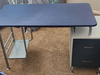 Metal Wood Computer Desk 2 Drawers Blue Top