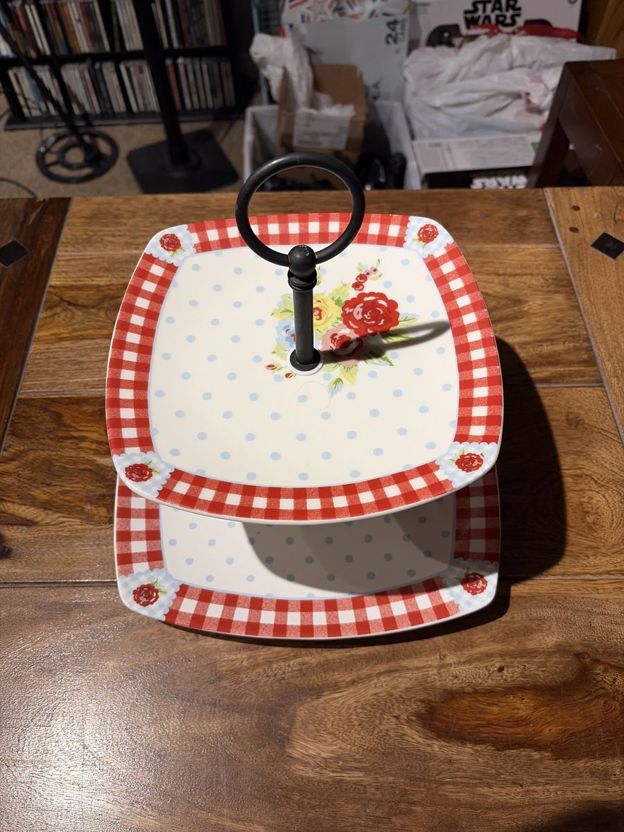 Tiered Serving Tray - 2-Tier Dessert Stand, Red Gingham & Floral Design