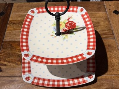 Tiered Serving Tray - 2-Tier Dessert Stand, Red Gingham & Floral Design