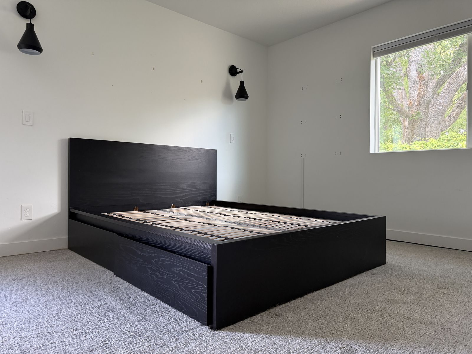 IKEA MALM High bed frame on Luroy slatted base with 4 storage boxes, Queen
