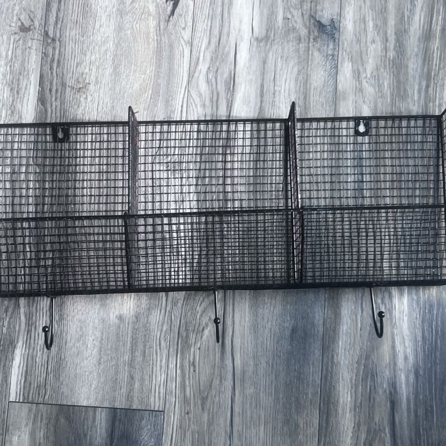 Black Wire Wall Storage Basket w/ Hooks - 3-Tier Organizer, Industrial Style, 25" Tall