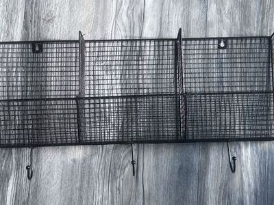 Black Wire Wall Storage Basket w/ Hooks - 3-Tier Organizer, Industrial Style, 25" Tall