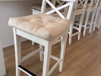 Set of 5 White Wood Counter Height Bar Stools with Cushions - X-Back Design