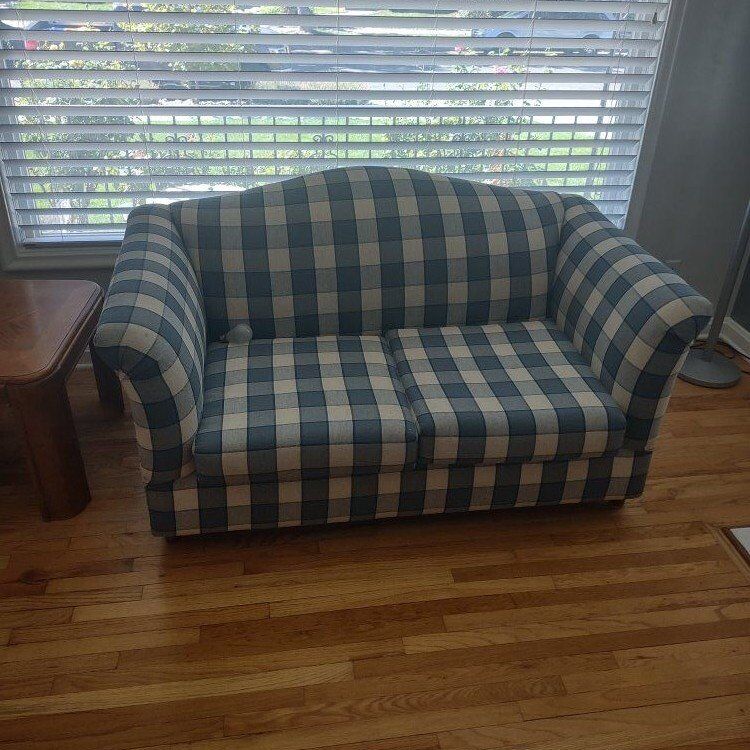 Blue and White Checkered Loveseat