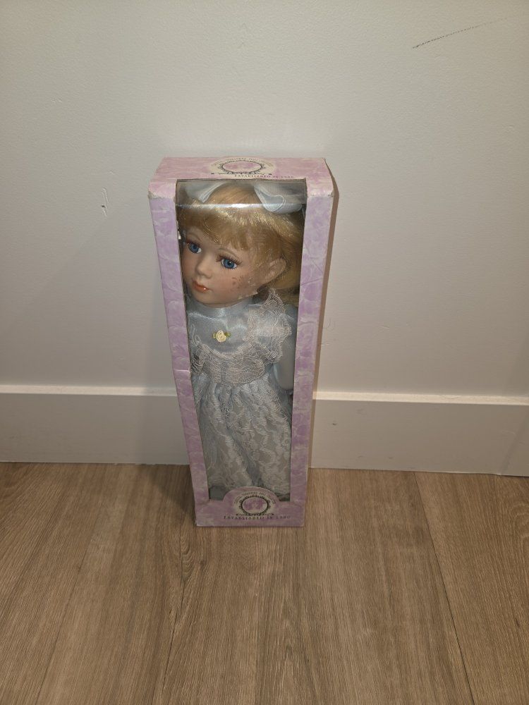 Porcelain Collector Doll in Blue Lace Dress with Original Box