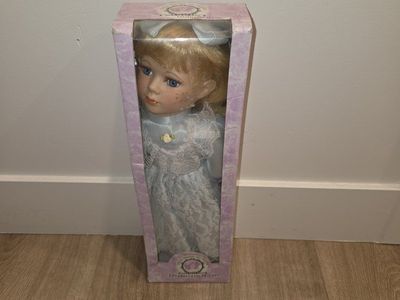 Porcelain Collector Doll in Blue Lace Dress with Original Box