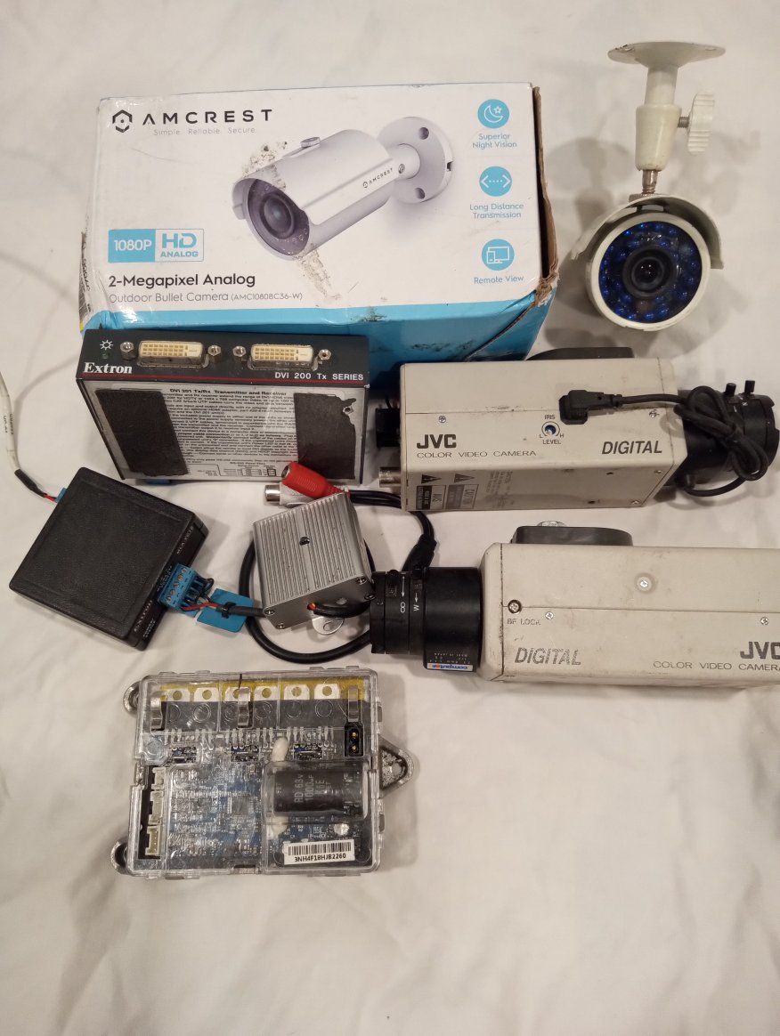 Mixed Lot: Amcrest 1080P Analog Camera, JVC Digital Color Video Cameras, Extron DVI 200 Tx, & Electronics