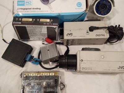 Mixed Lot: Amcrest 1080P Analog Camera, JVC Digital Color Video Cameras, Extron DVI 200 Tx, & Electronics