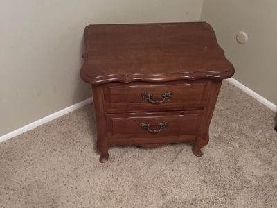 Vintage Dark Wood Nightstand with 2 Drawers - Scalloped Edges, Ornate Pulls