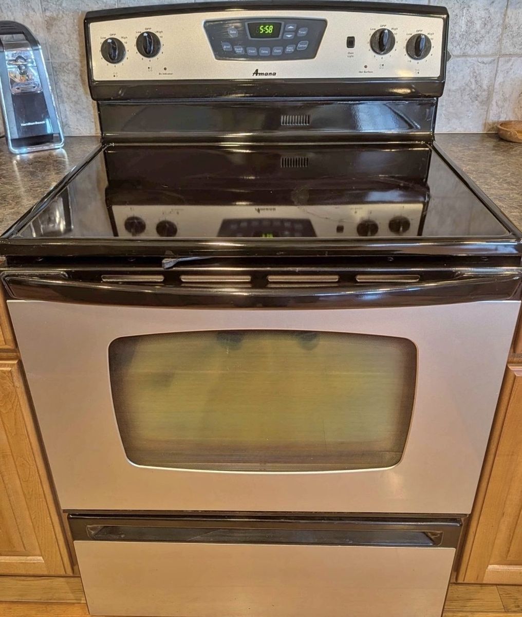 Amana Electric Range Oven with Glass Top - Stainless Steel & Black