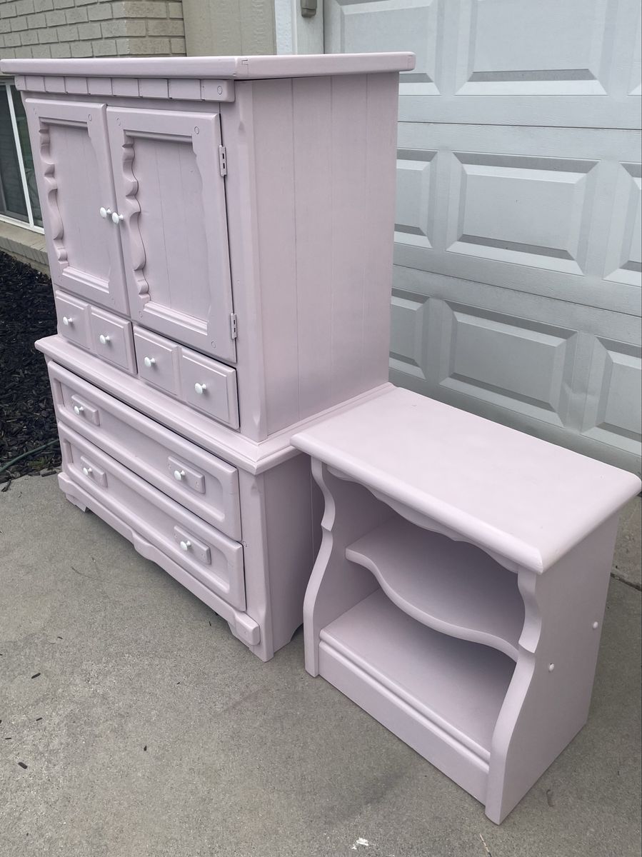 Pink armoire with drawers and matching nightstand