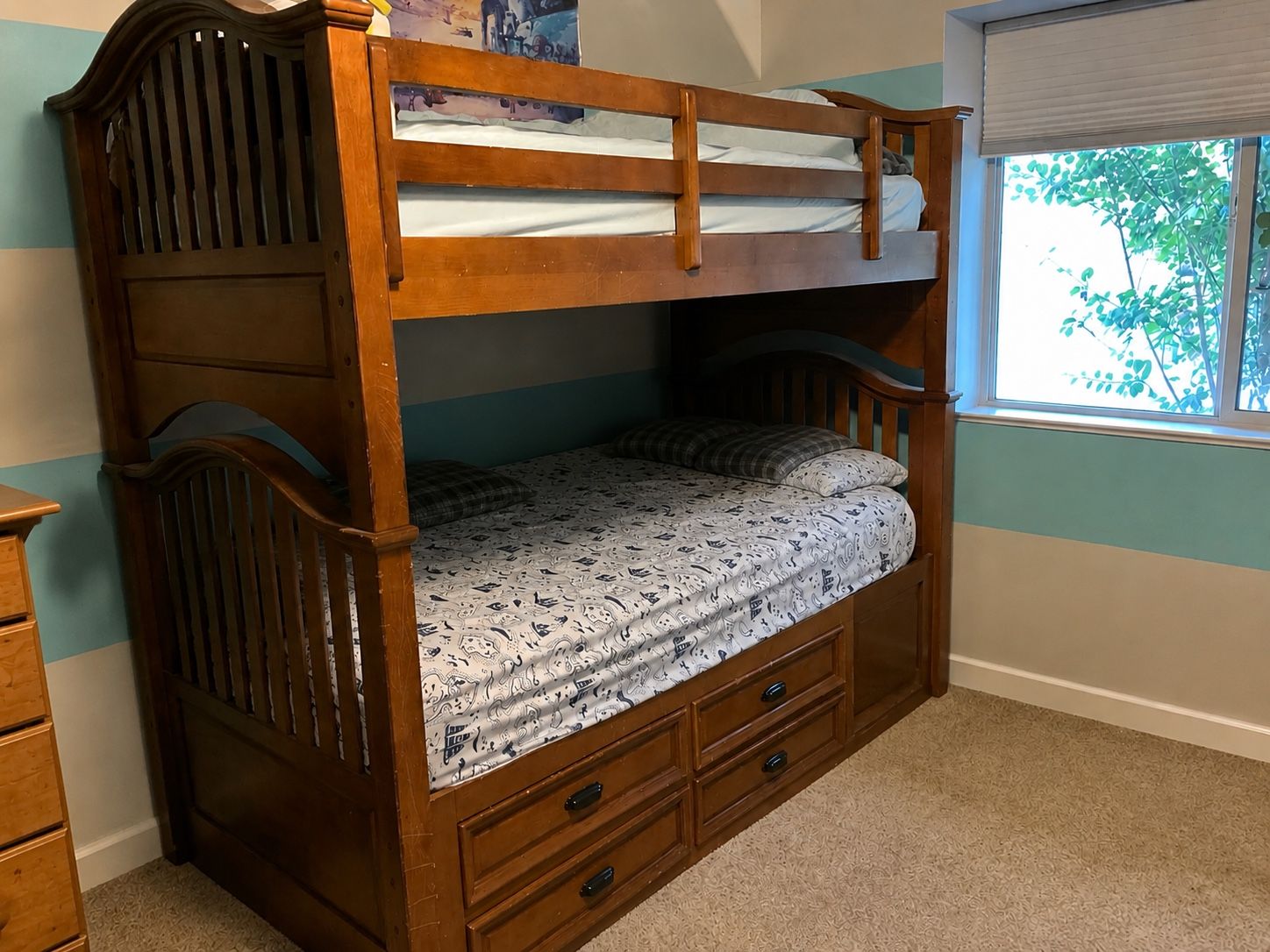 Solid Wood Twin Bunk Bed with Storage Drawers - Excellent Condition
