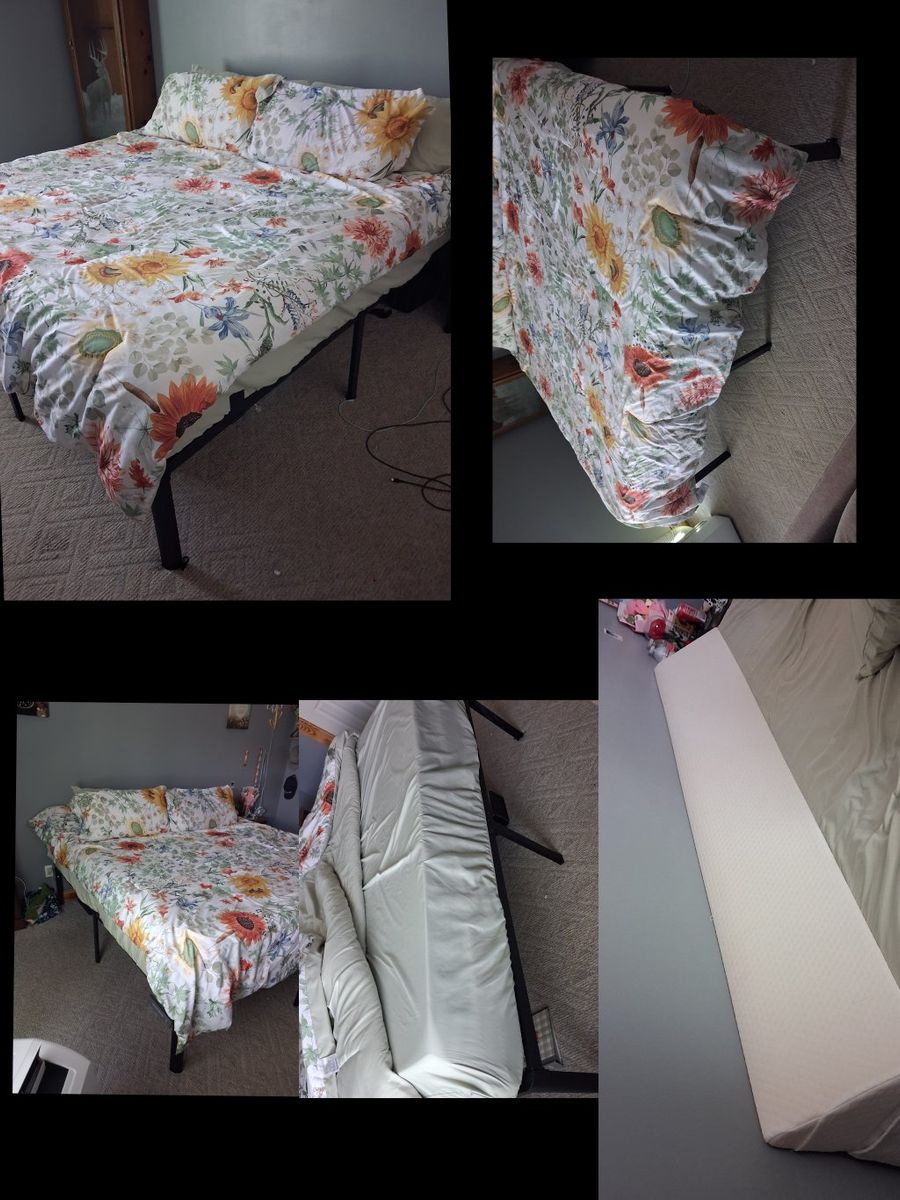 King size mattress, wedge pillow, bedding sets and frame *updated listing*