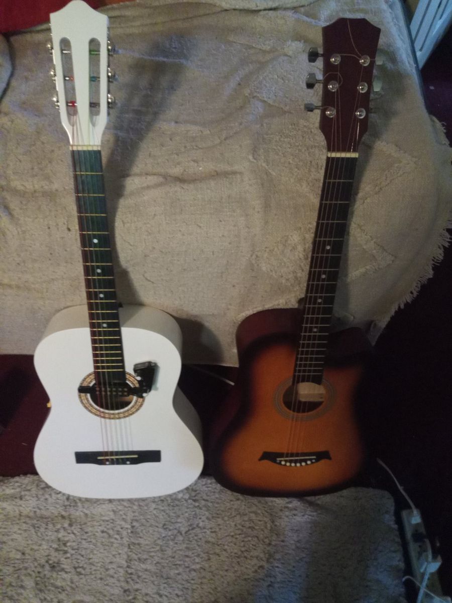 Pair of Acoustic Guitars - White & Sunburst Finish, Includes Pick-up & Strap