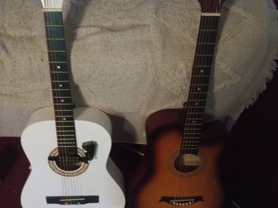 Pair of Acoustic Guitars - White & Sunburst Finish, Includes Pick-up & Strap